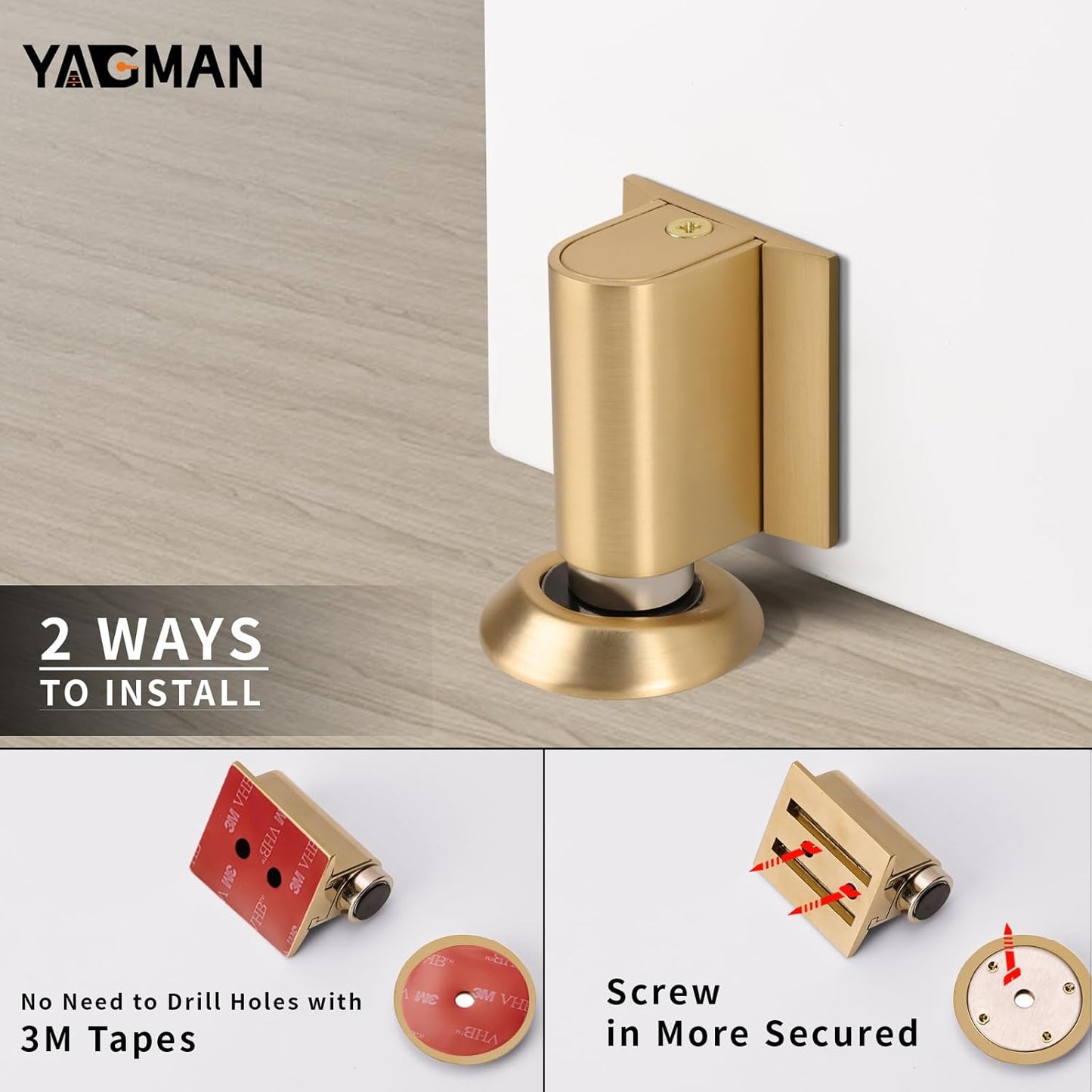 3 Pack Magnetic Door Stoppers Retractable Bottom of Door Holder No Drilling Mount Floor Door Stop with Screws and Adhesive Catch Door Keep Door Open Brushed Gold BG-3