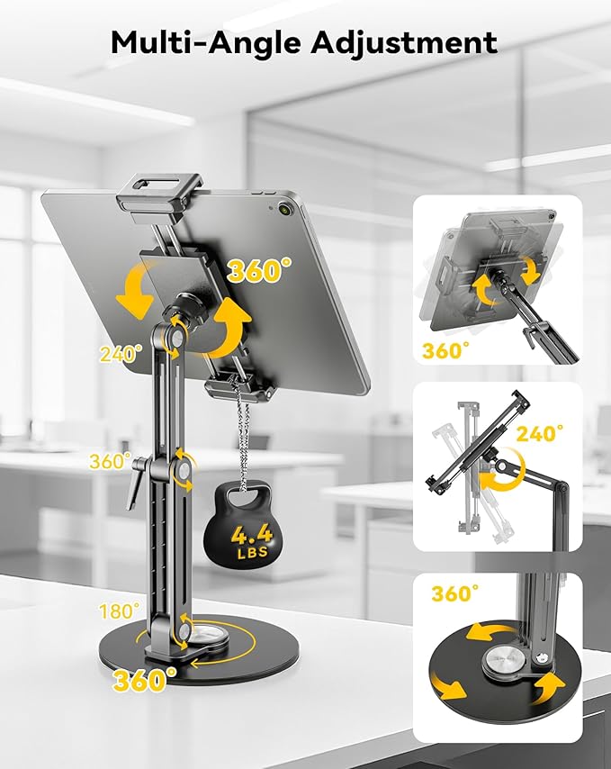 Portable Monitor Stand Large Clamp - Heavy Duty Aluminum Body support up to 4.4LBS 16" 17.3" 18.5 inch 360° Rotating Base Swivel Foldable Desk Stand for iPad Holder Tablet Mount for Kitchen/Travel