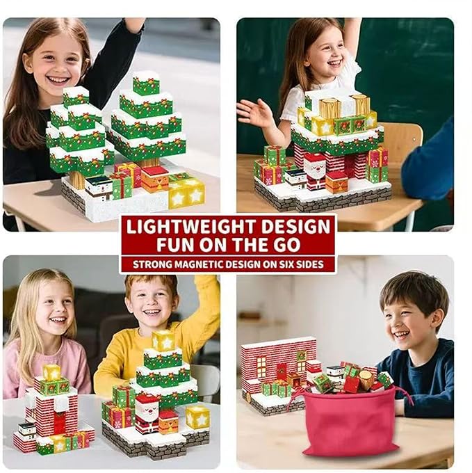 Magnetic Blocks,100 PCS Build Magnetic Santa Chimney Xmas Tree Gift World, STEM Construction Magnetic Cube for Boys Girls Age 3 4 5 6 7 8 9 10,Sensory Stacking Toy Christmas Birthday Gifts for Kids