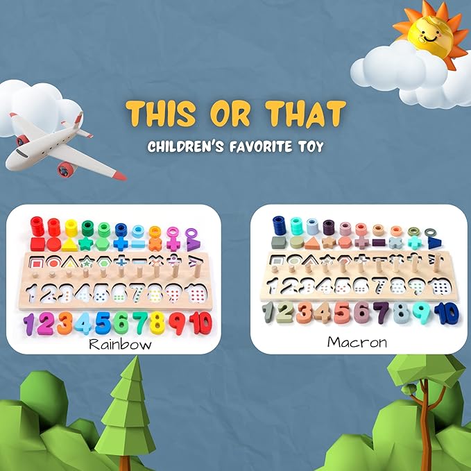 BEKILOLE Wooden Montessori Toys for Kids Toddler Number Puzzles Sorter Counting Shape Stacker Stacking Game Preschool Toys for Boy Girl Learning Education Math Blocks Year Old Girl Gifts (Rainbow)