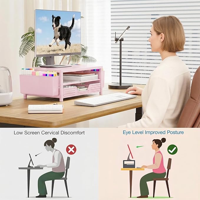 OPNICE Desk Organizers and Accessories, 2-Tier Computer Monitor Stand Riser with Drawer and 2 Pen Holders, Laptop Stand, Office Desk Accessories for Office Supplies, Pink