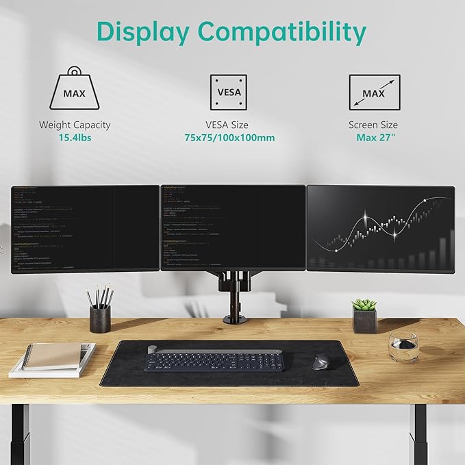 WALI Triple Monitor Mount for 13-27 inch Screens, Adjustable 3 Monitors Desk Mount with Swivel, Tilt, Clamp & Grommet Kit, Gas Spring Arm Triple Monitor Stand, VESA 75x75/100x100mm (GSDM003), Black