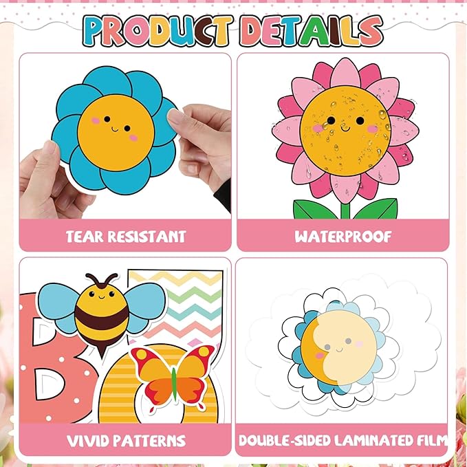 Spring Bulletin Board Set Decorations Colorful Flower Bee Paper Cutouts Spring Bloom Floral Classroom Bulletin Board Decoration Kit for School Home Chalkboard Window Holiday Party Decor