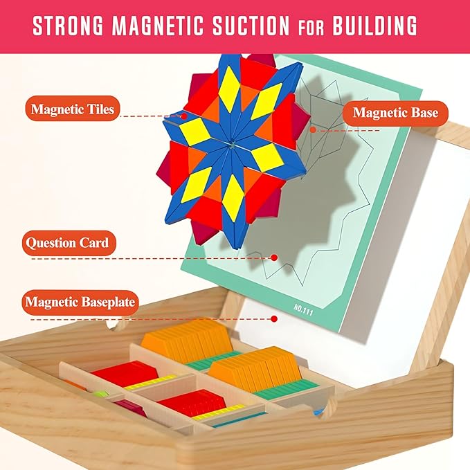 248 Pcs Wooden Magnetic Pattern Block Set with Cards, Pen & Storage Bag, Montessori STEM Tangram Puzzle Toys for Toddlers 4 5 6 7 8, Educational Brain Teaser Gift for Boys Girls