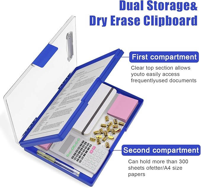 Hongri Clipboard with Storage, Blue 8.5 x 11 Folder Nursing Side Opening, Heavy Duty with Dual Compartment, Smooth Writing for Teachers, Classroom, Size 13.3 x 9.4 x 1.5 in, Office & School Supplies