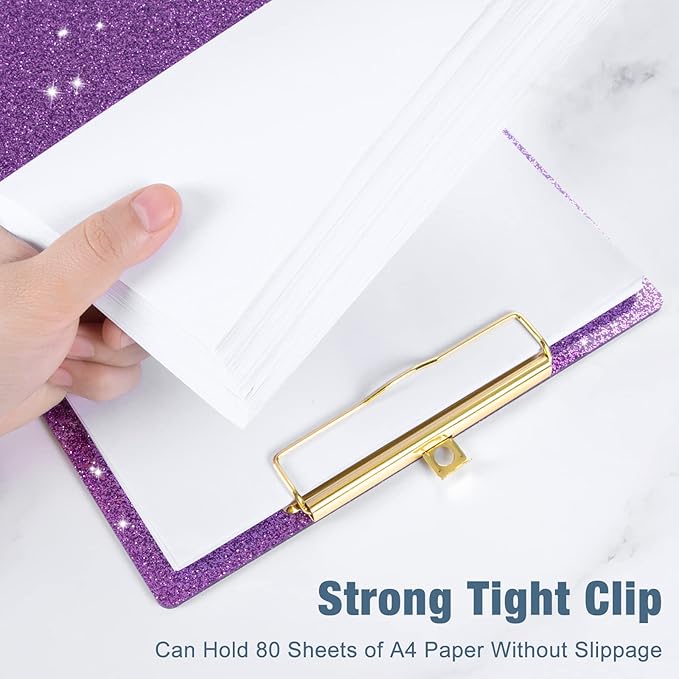 Piasoenc Acrylic Clipboards, Fashion Glitter Clip Board with Low Profile Gold Clip, Designed for Classroom School and Office Use, A4 Letter Size 9 x 12.5 in,Purple