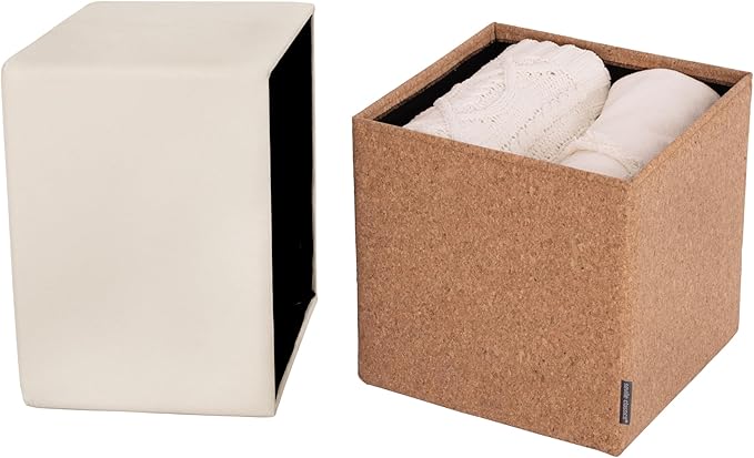 Seville Classics Cushioned Fabric Ottoman Hidden Storage Chest Footrest Chair, Padded Seat for Bedroom, Dorm, Loft, Living Room, Entryway, Hallway, Cork/Cream, 15" Cube