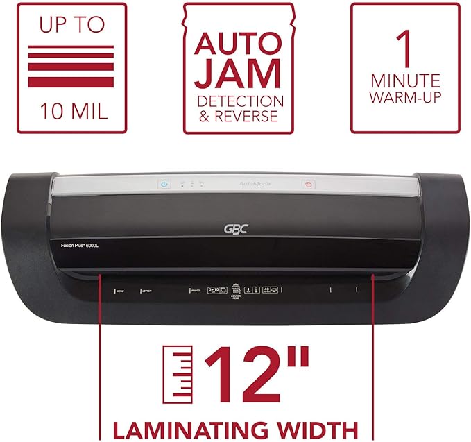 GBC Thermal Laminator Machine, Fusion 6000L, 12 Inch, 1 Min Warm-Up, 3-10 Mil, with 50 EZUse Laminating Pouches for Home, Office and Classroom, Black (1703097)