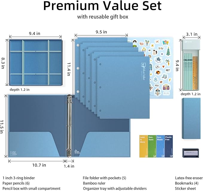 Blue Lake 3-Ring Binder School Offiice Supplies Kit Bundle Plastic Free 22 Piece Binder, Folders, Pencils, Pencil Box Organizer Tray, Gifts for K-12, College Students, and Office