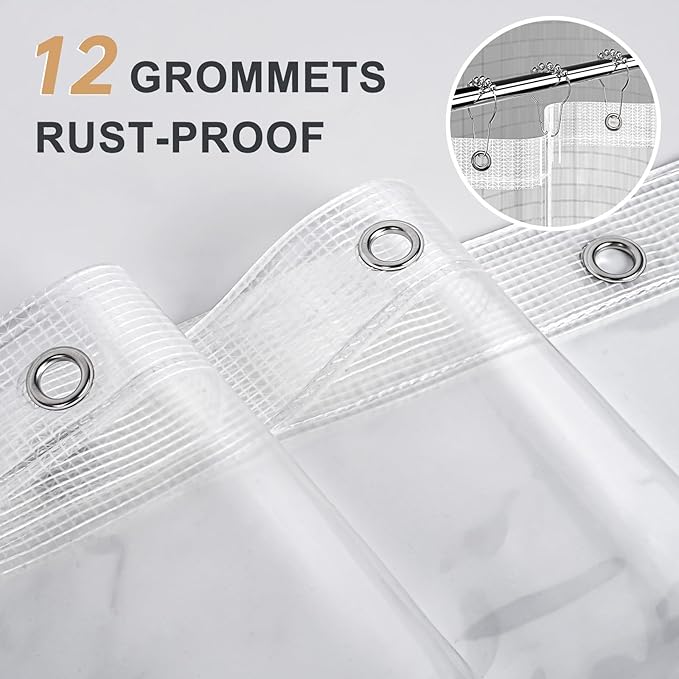 AmazerBath Heavy Duty Shower Curtain Liner 12 Gauge, 72 x 96 Inches Clear Shower Curtain Liner with 3 Clear Stones and 12 Grommet Holes, Weighted Plastic Shower Liner