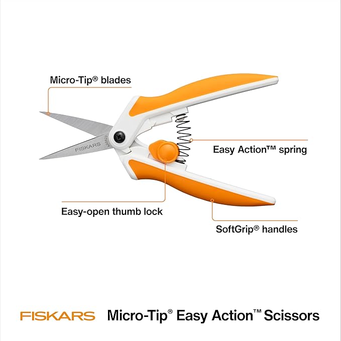 Fiskars Micro-Tip Spring Assisted Scissors, Precision Cutting Stainless Steel Blades, Comfort Handle, Cut Details in Fabric, Sewing Scissors and Arts and Crafts Tools