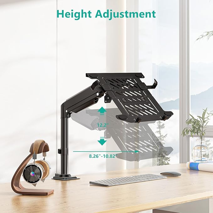 WALI Laptop Desk Mount for 15.6 inch Notebook, Adjustable Single Monitor Arm with Laptop Holder for 32 inch Screen, Laptops Stand with Ventilated Tray, Up to 22 Lbs, (GSDM00LP), Black