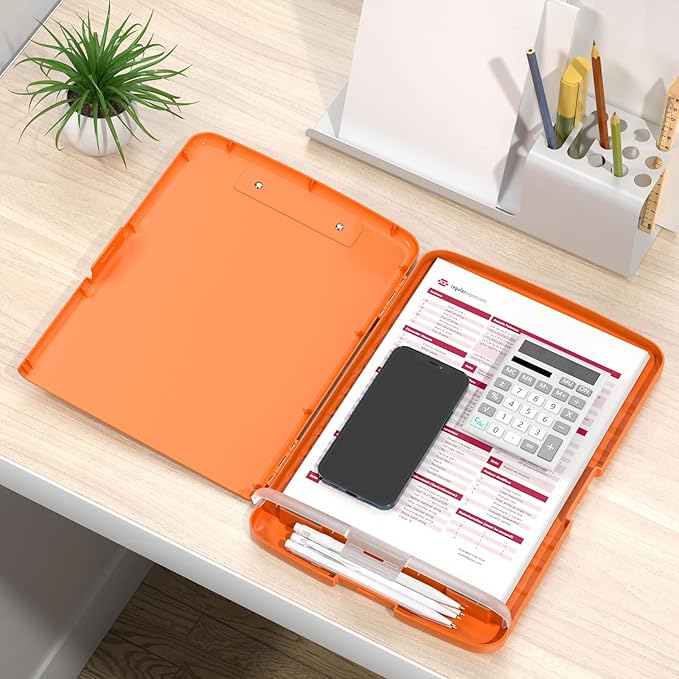 Rimilak Plastic Clipboard with Storage, 8.5 x 11 High Capacity Folio Nursing Case with Pen Holder, Size 14.2 x 9.6 x 1.2″ Folder Side-Opening for Classroom, Teacher, Student, Smooth Writing, Orange
