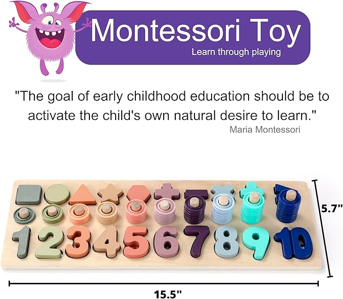 BEKILOLE Wooden Montessori Toys for Kids Toddler Number Puzzles Sorter Counting Shape Stacker Stacking Game Preschool Toys for Boy Girl Learning Education Math Blocks Year Old Girl Gifts (Macron)