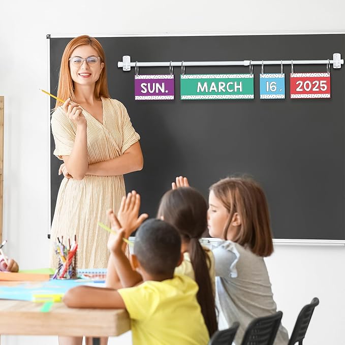 Rainbow Flip Calendar Board Set with Holder, Colorful Classroom Calendar Bulletin Board with Adjustable Rob Rainbow Date Cards for School Classroom Home Decoration Supplies