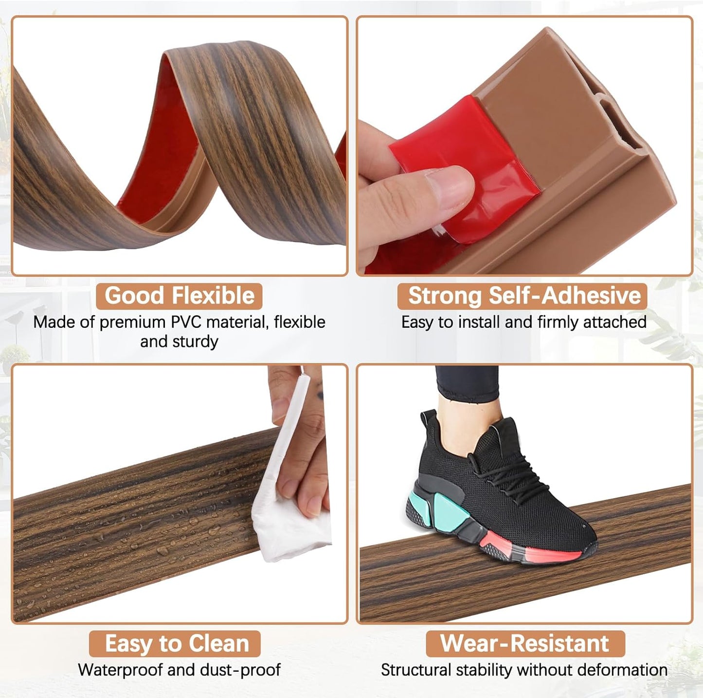 Vinyl Door Threshold Flooring Transition Strip Self Adhesive Carpet Edging Strip for Laminate Doorway Edge Threshold from 2/5" to 3/5" (Smoked Brown Wood Grain, 10 Ft)