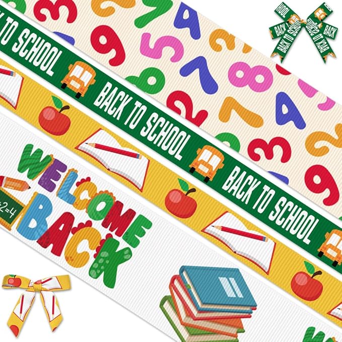 4 Rolls 20 Yards Back to School Grosgrain Ribbons - Welcome Back 3/8" School Rock Ribbons for Teacher, Kindergarten Party Supplies