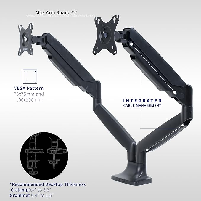VIVO Premium Aluminum Heavy Duty Dual Monitor Arm for Ultrawide Monitors up to 40 inches and 24 lbs Each, Desk Mount Stand, Pneumatic Height, Max VESA 100x100, Black, STAND-V202Q