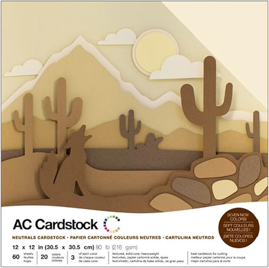 Cardstock 12x12 Scrapbook Paper Pack - Textured Heavy Duty Paper for Die Cutting, Card Making, Crafts - 60 Square Sheets, 20 Unique Colors, 80lb (216gsm), Solid Core - Neutrals