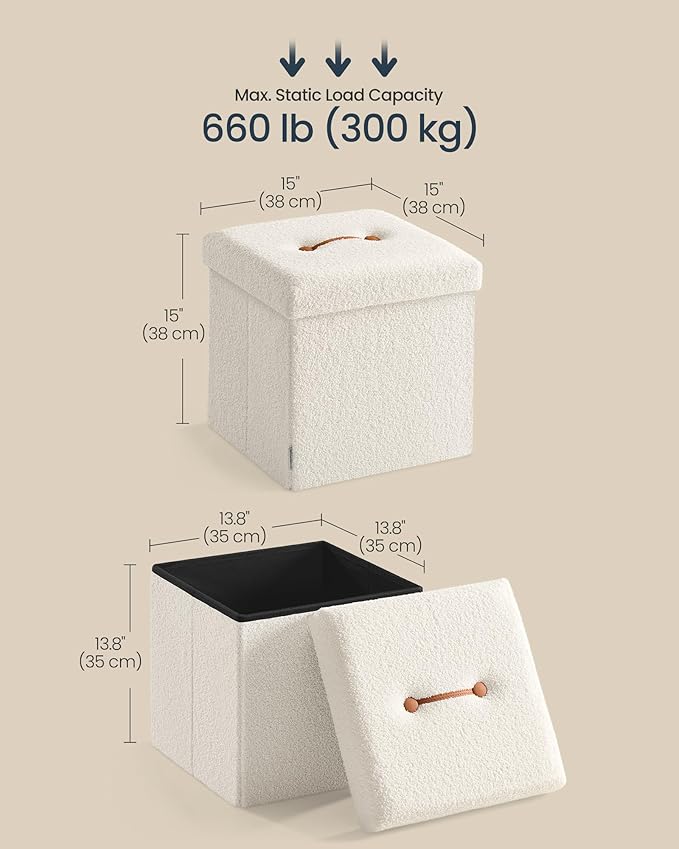 SONGMICS Small Folding Storage Ottoman, Foot Rest Stool, 15 x 15 x 15 Inches, Ottoman with Storage, Load up to 660 lb, for Living Room, Bedroom, Dorm, Cream White ULSF095W01