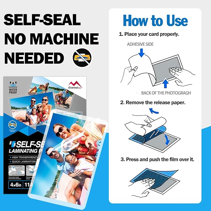 Everest Self Seal Laminating Pouches, Self Sealing for Photo Cards 4x6 Inch Size, Waterproof After Laminating, 10 Mil Thick, Gloss Finish, No Machine Neede (10, 4x6)