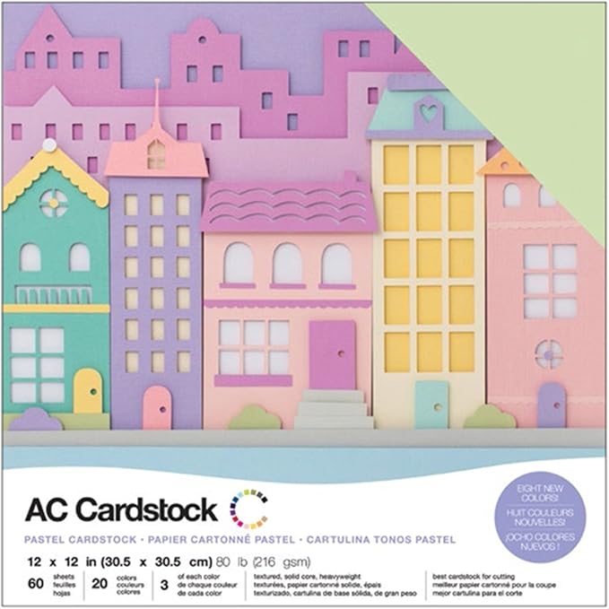 Cardstock 12x12 Scrapbook Paper Pack - Textured Heavy Duty Paper for Die Cutting, Card Making, Crafts - 60 Square Sheets, 20 Unique Colors, 80lb (216gsm), Solid Core - Pastels