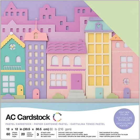 Cardstock 12x12 Scrapbook Paper Pack - Textured Heavy Duty Paper for Die Cutting, Card Making, Crafts - 60 Square Sheets, 20 Unique Colors, 80lb (216gsm), Solid Core - Pastels
