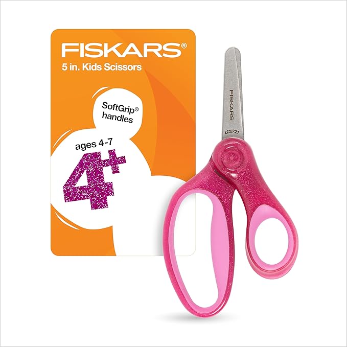 Fiskars 5" Blunt-Tip Glitter Scissors for Kids Ages 4-7 - Scissors for School or Crafting - Back to School Supplies - Pink