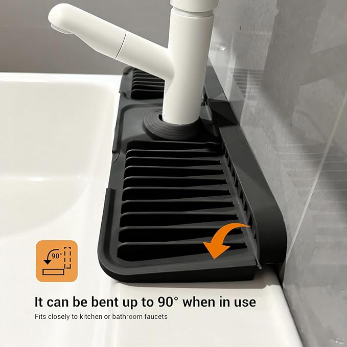 Faucet Mat for Kitchen Sink, 24"X5.5" Silicone Sink Splash Guard with Soap Holder, Snap-On Design & 7°slope Fast Drain, Folding Sink Faucet Mat for Universal Kitchen Bathroom Sink（Black）