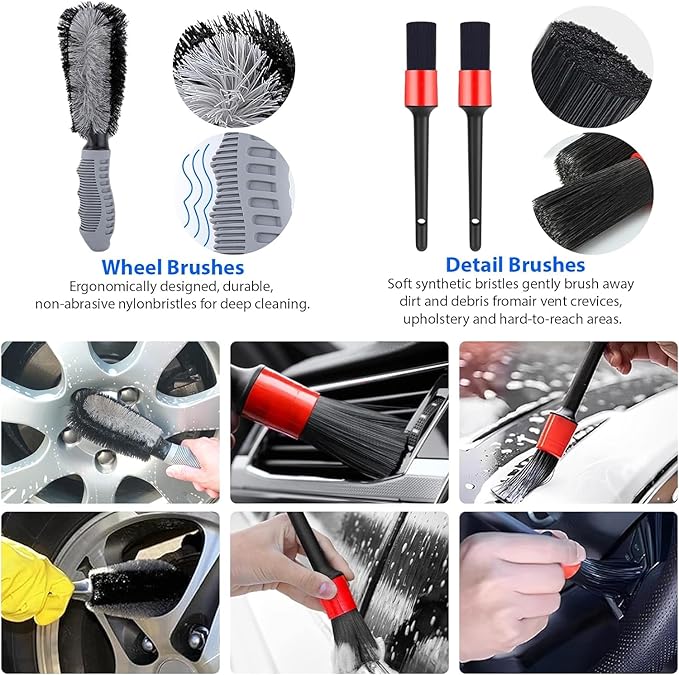 Premium Car Cleaning Kit with Bag - Professional Car Washing & Car Detailing Set, Includes Car Wash Mitts, A Game-Changing Microfibre Drying Towel, Waffle Cloths & Trio Of Brushes For A Deep Clean
