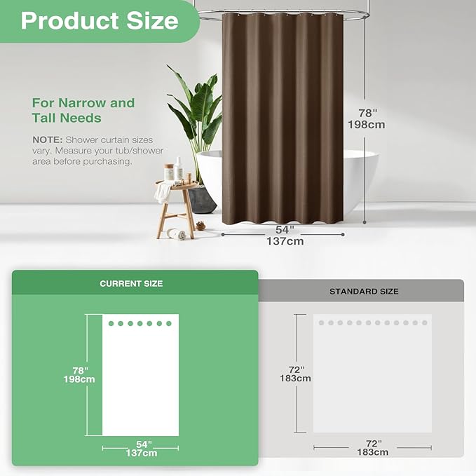 Dynamene Stall Fabric Shower Curtain - 54x78 inch Long Waffle Weave Weighted Thick Cloth Shower Curtains for Bathroom,Heavy Duty Hotel Spa Luxury Bath Curtain Set with 10 Plastic Hooks, Brown