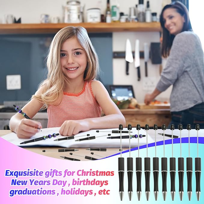 300 Pieces DIY Beadable Pen Kit – 100 Plastic Ballpoint Pens with Refills & Bags – School Supplies, Office Accessories & Decorative Items for Students & Teachers (Black)