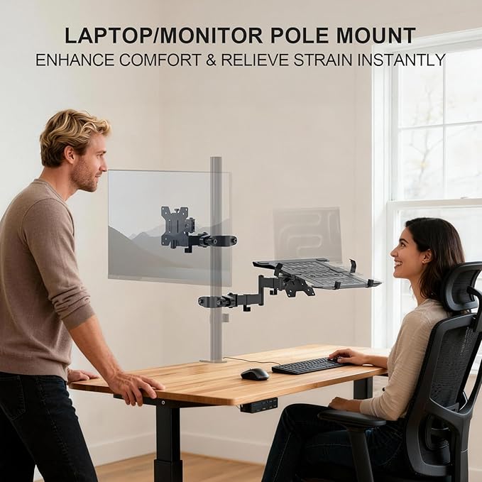 WALI Laptop Pole Mount, Adjustable Laptop Arm Holder Fits 10"-15.6" Laptops, 2-in-1 Full Motion Monitor Mount with Removable Tray, VESA 75x75 or 100x100 mm, Holds up to 15.4lbs(011ARMLPN), Black