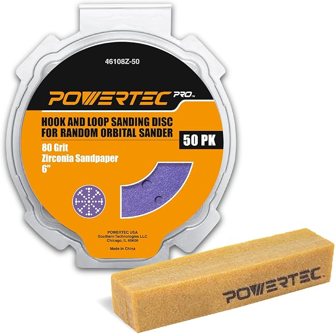 POWERTEC PRO 46101Z 50PK 6 Inch 49 Holes Sanding Disc & Abrasive Cleaning Stick, 80 Grit Zirconia Hook and Loop Film Backing Sandpaper for Festool Random Orbital Sanders-Automotive, Metal, Woodworking