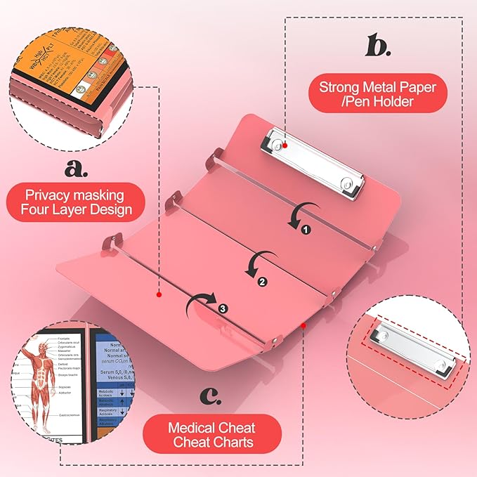 Nursing Clipboard Foldable Edition Cheat Sheets Aluminum 4 Layers Pocket Size Size Pen Clip Pocketfor Nurses Students School Doctor- Rose Christmas Gifts Idea