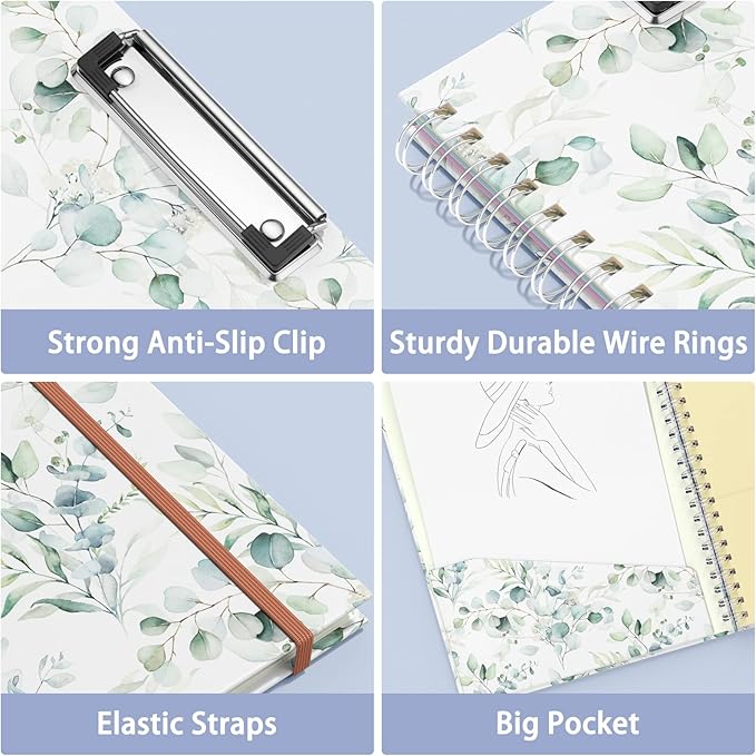 Rimilak Spiral Clipboard Folio with Refillable Lined Notepad, 14.5 x 9.8 In, Hardcover Cover with 5 Interior Pockets, Elastic Band and Pen Loop Series. Cute Stylish Clipfolio, Green Leaves