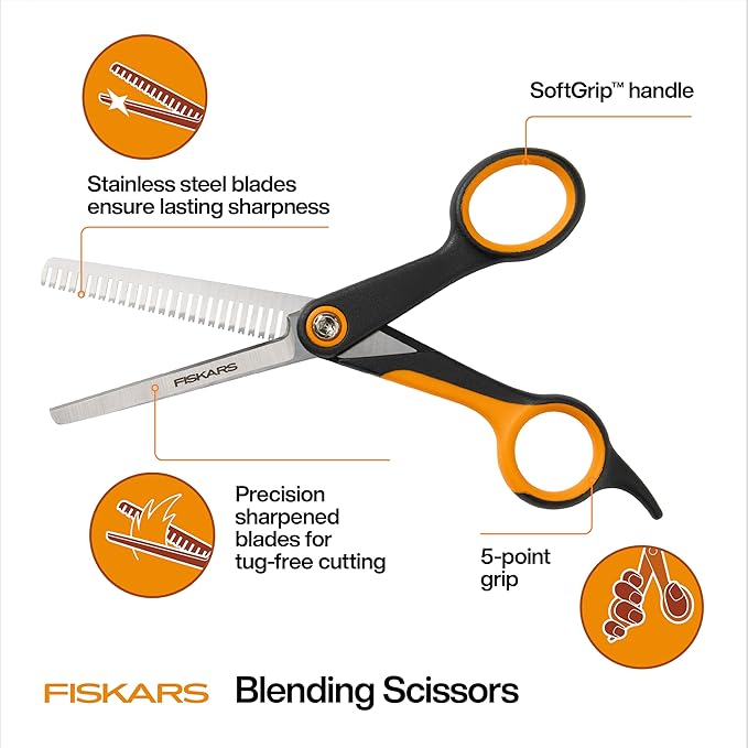 Fiskars Pet, Dog and Cat Grooming Scissors, Serrated Teeth for Thinning & SoftGrip Handle, Cat and Dog Supplies, 6.5”, Orange/Black, Blending Scissors