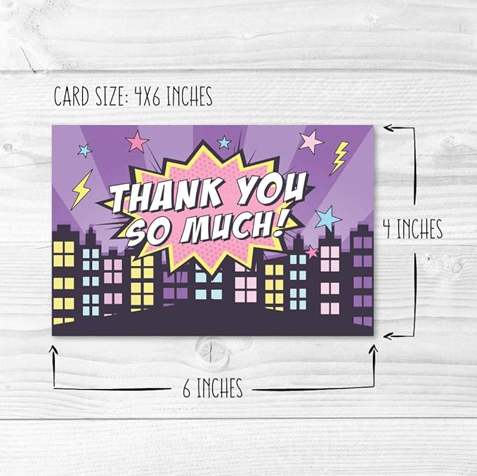 Hadley Designs 24 Superhero Thank You Cards With Envelopes - 4x6 Kids Thank You Cards Girls Birthday Bulk, Blank Baby Girl Super Hero Teacher Appreciation Notes, Superhero Party Supplies, Made In USA