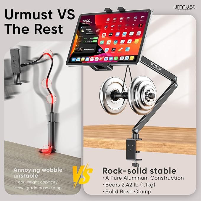 Urmust Portable Monitor Stand 15.6", iPad Stand for Desk, Portable Monitor Holder up to 18.5", Adjustable Desktop Tablet Arm Mount, Apple iPad Holder for Desk, for 4.7"-12.9" iPad Pro/Air/Mini