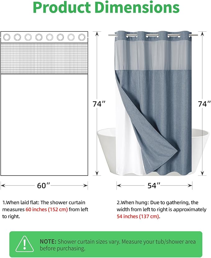 Stall No Hooks Needed Linen Textured Shower Curtain with Snap-in Fabric Liner Set,Hotel Luxury Decor Shower Curtains for Bathroom,Waterproof & Washable,60Wx74H,Blue Grey