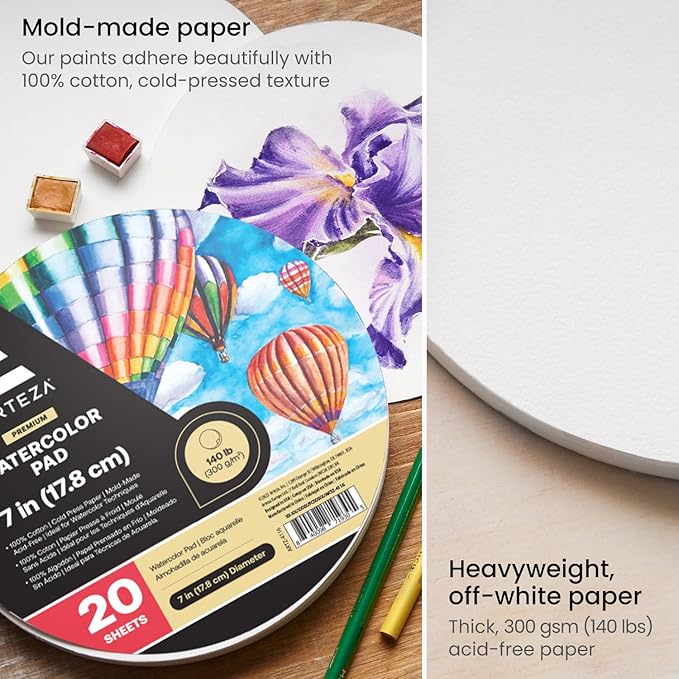 ARTEZA Watercolor Paper, 20 Sheets, 7 Inch Diameter Round Paper Pads, 140lb/300gsm, 100% Cotton, Cold Press, Acid Free Art Paper
