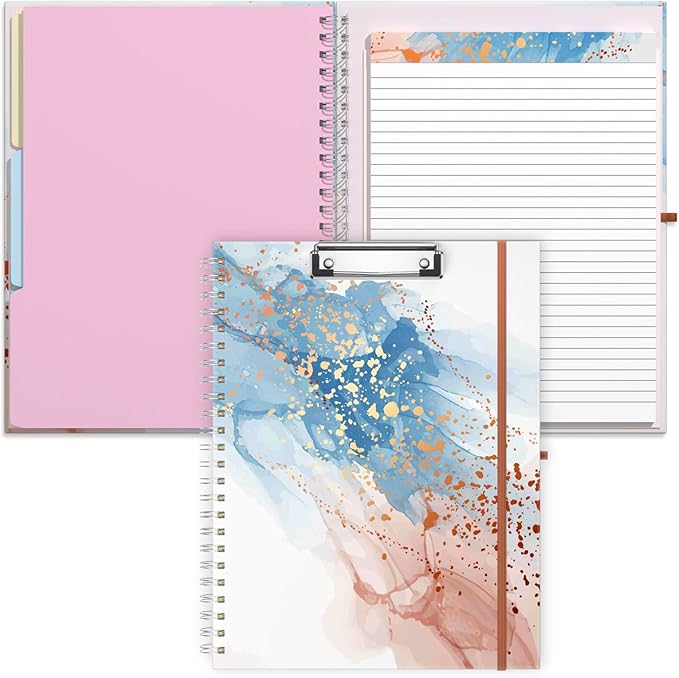 Rimilak Spiral Clipboard Folio with Refillable Lined Notepad, 14.5 x 9.8 In, Hardcover Cover with 5 Interior Pockets, Elastic Band and Pen Loop Series. Cute Stylish Clipfolio, Abstract Marble