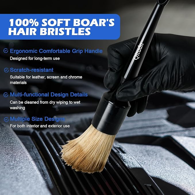 5PCS Car Detailing Brush Set,Ultra Soft Boars hair Detailing Brush,4 PCS Premium Natural Boars Bristles+1 PC Interior Dust Brush,for Cleaning Car Interior Dashboard Leather Seat Air Vents wheel