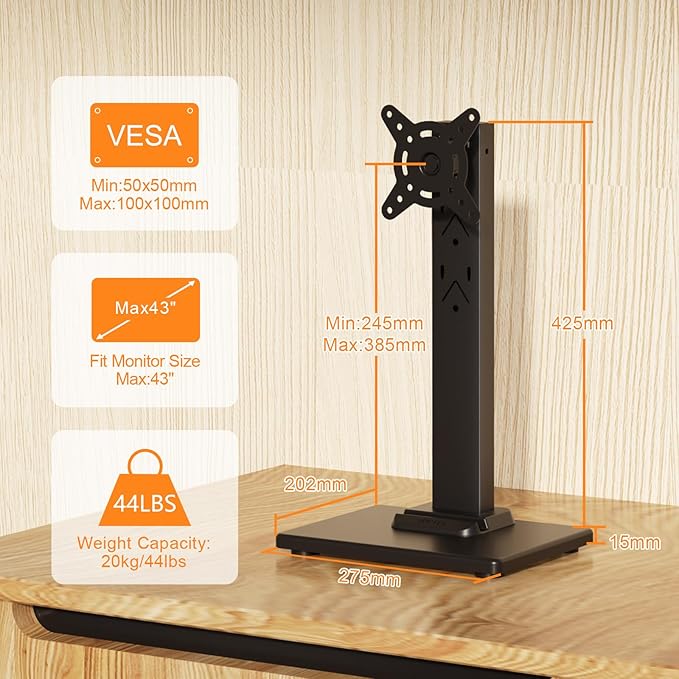 Suptek Single LCD Computer Monitor Free-Standing Desk Stand Mount Riser for 13 inch to 43 inch Screen with Swivel, Height Adjustable, Rotation, 50,75& 100mm Vesa Base Stand, Black
