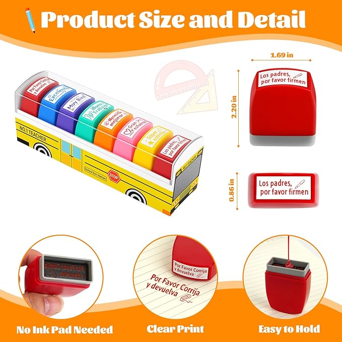 8Pcs Spanish Teacher Stamps Gifts for Classroom Rubber Self Inking Grading Stamps Set Motivation Teacher Stamp for Bilingual School Elementary Kid Homework Reward Supplies, Sellos para Maestros