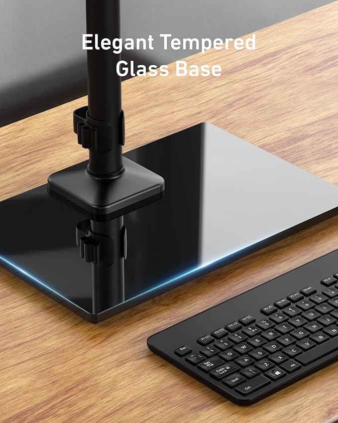 HUANUO Freestanding Dual Monitor Stand, 32 Inch Dual Monitor Mount for 2 Screens, Holds up to 19.8 lbs per Arm, Gaming Monitor Arm Riser with Tempered-Glass Base, Tilt, Swivel, Rotation, Black