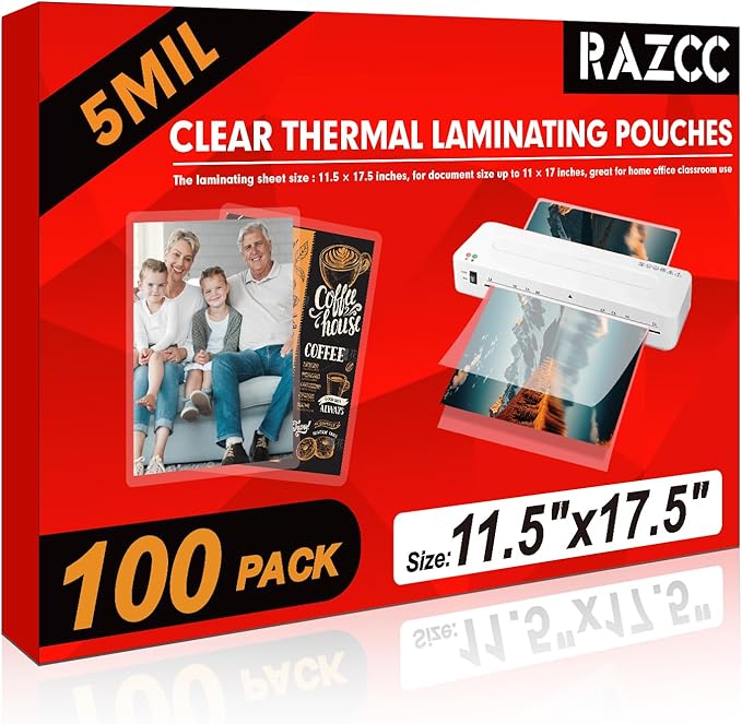 Laminating Sheets, 100 Pack Clear Thermal Laminating Plastic Paper Laminator Sheets, 11 x 17-Inch, 5mil, Ideal Office or School Supplies