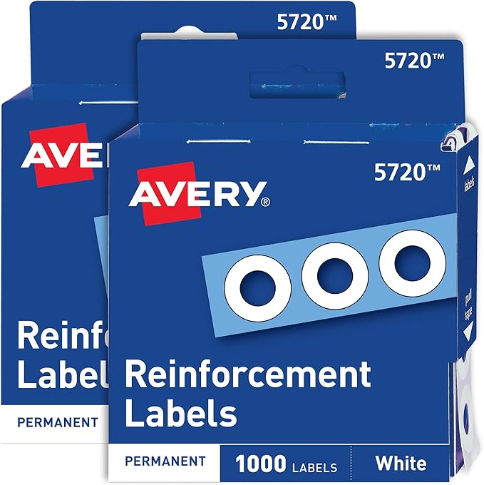 Avery Self-Adhesive Hole Reinforcement Stickers, 1/4" Diameter Hole Punch Reinforcement Labels, White, Non-Printable, 1,000 Per Pack, 2-Pack, 2,000 Total (5615)