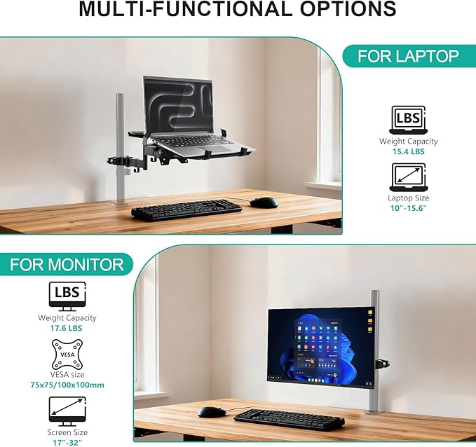 WALI Laptop Pole Mount, Adjustable Laptop Arm Holder Fits 10"-15.6" Laptops, 2-in-1 Full Motion Monitor Mount with Removable Tray, VESA 75x75 or 100x100 mm, Holds up to 15.4lbs(011ARMLPN), Black
