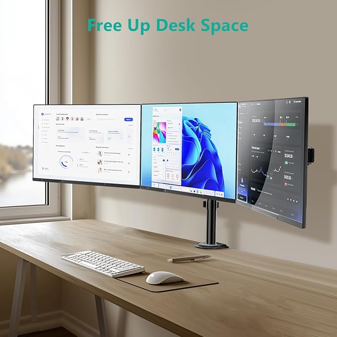 WALI Triple Monitor Mount, Heavy Duty Triple Monitors Stand up to 27 inch Screens, Adjustable 3 Monitor Desk Mount with Swivel, Tilt, Rotation, Clamp & Grommet Base Kit (M003SN), Black